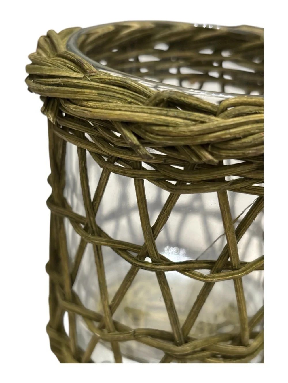 Vint Rustic Green Wicker Glass Tea Light Votive Candle Holder Avocado Seagrass